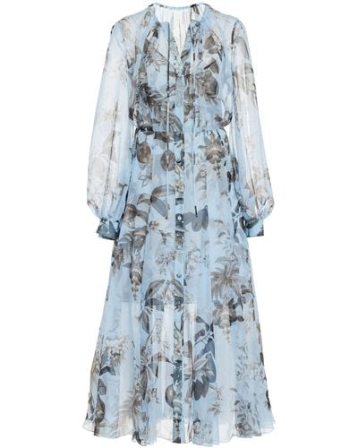 Oscar de la Renta Floral & Fauna Silk Chiffon Midi Dress - Blue