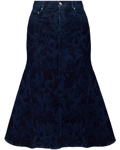Erdem Raw-edge Floral Denim Midi Skirt - Blue