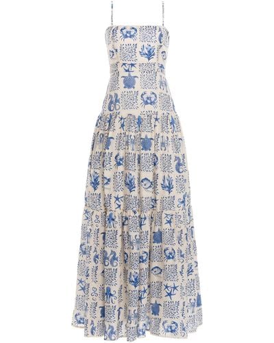 Agua Bendita Lima Tiered Printed Linen Maxi Dress - Blue