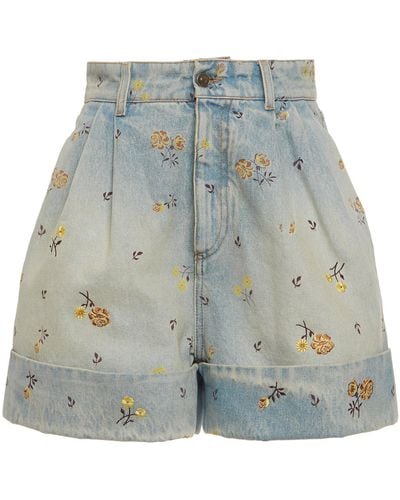 Alanui Floral-embroidered Denim Pleated Shorts - Blue