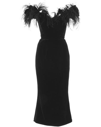 Marchesa Ostrich Feather Off The Shoulder Velvet Dress - Black