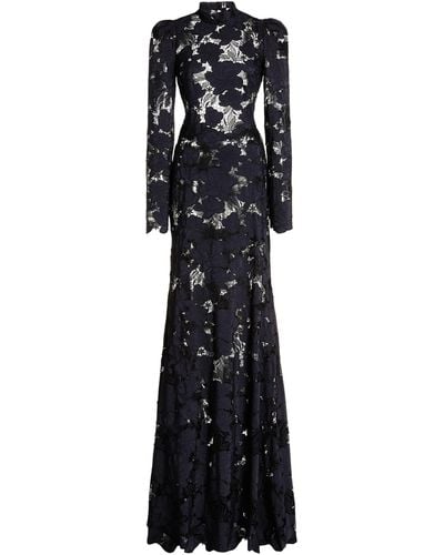 Oscar de la Renta Magnolia Guipure Long Sleeve Open Back Gown - Black