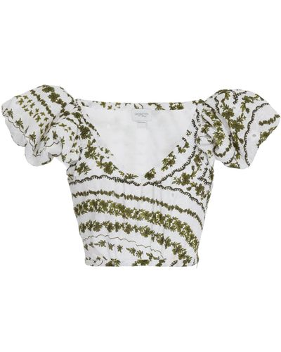 Giambattista Valli Floral Cotton Broderie Anglaise Cropped Top - Green