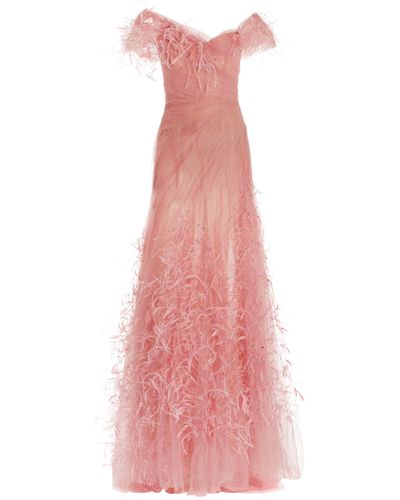 Marchesa Feather-embroidered Tulle Off-the-shoulder Gown - Pink