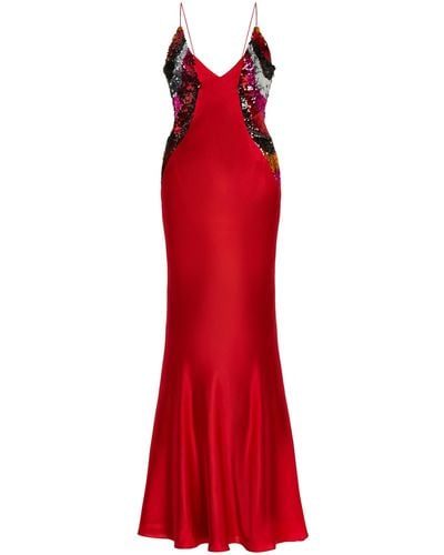 Halpern Sequined Two-tone Satin Maxi Dress - Red