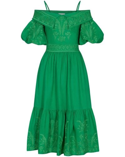 ANDRES OTALORA Palma De Cera Embroidered Linen Midi Dress - Green