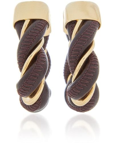 Bottega Veneta Twist Triangle Leather-trimmed 18k Gold-plated Earrings - Brown