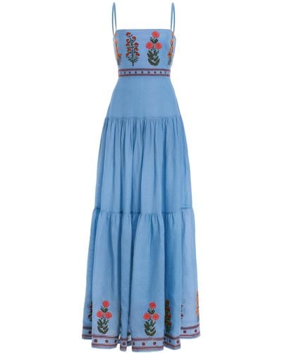 Agua Bendita Lima Dahlia Linen Maxi Dress - Blue