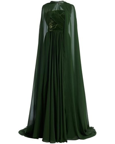 Elie Saab Cape-detailed Silk And Velvet Gown - Green