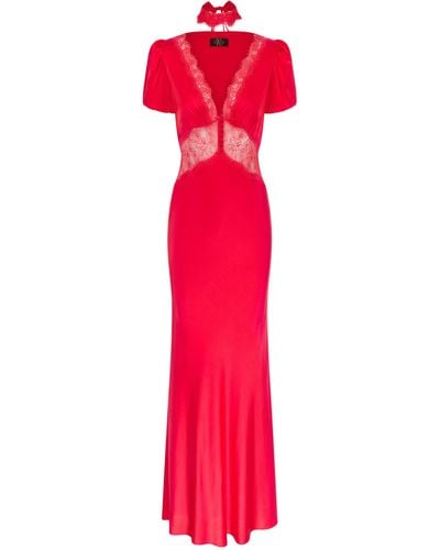 De La Vali Pavlova Lace-trimmed Silk-blend Maxi Dress - Red
