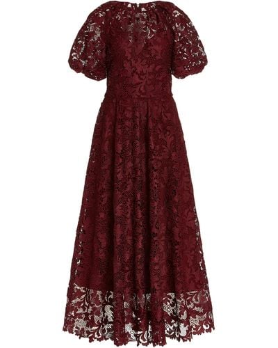 Monique Lhuillier Puff-sleeve Lace Tea-length Dress - Red