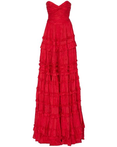 Alexis Allora Ruffled Linen And Silk Blend Gown - Red