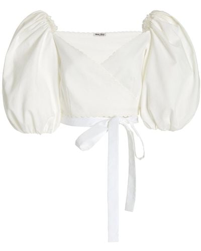 Miu Miu Puff-sleeve Cotton Pique Cropped Wrap Top - White