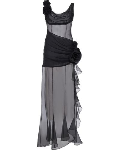 Alessandra Rich Rosette-detailed Draped Silk Organza Maxi Dress - Black