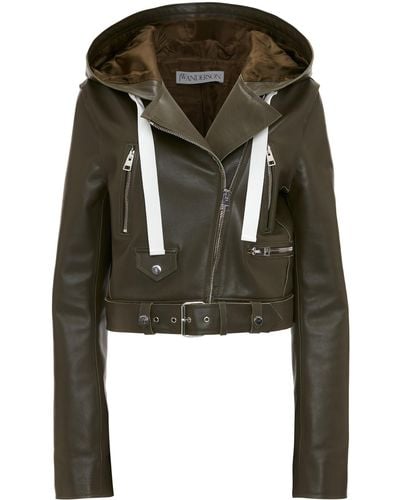 JW Anderson Hooded Leather Moto Jacket - Green