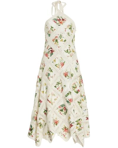 Oscar de la Renta Floral & Fauna Embroidered Knit Midi Dress - White
