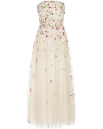 Elie Saab Floral-embroidered Tulle Strapless Midi Dress - Natural