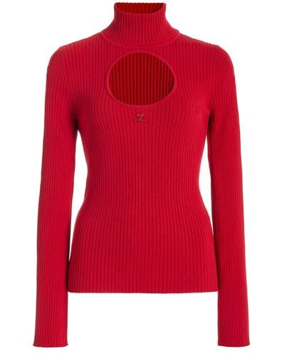 Courreges Cutout Ribbed-knit Mock-neck Jumper - Red