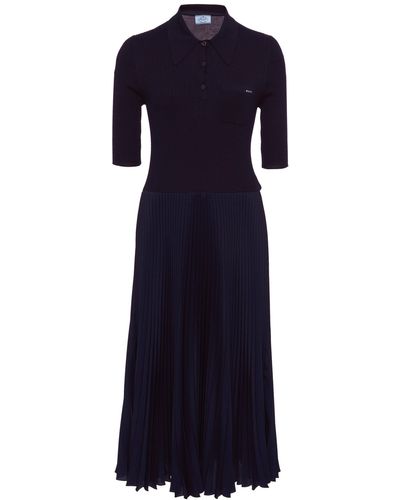 Prada Ribbed-knit And Plissé Midi Dress - Blue