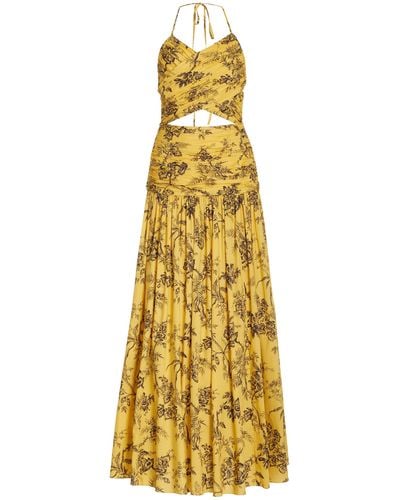 Carolina Herrera Pleated Cutout Cotton Ankle Length Dress - Yellow