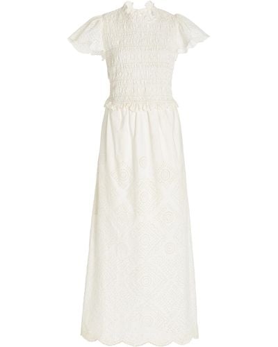 Sea Vienne Smocked Cotton Broderie Anglaise Maxi Dress - White