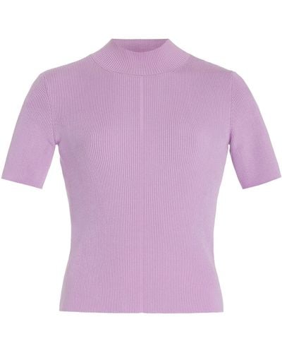 Oscar de la Renta Ribbed-knit Stretch-silk T-shirt - Purple