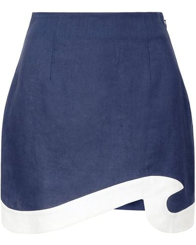 STAUD Leandro Curved Linen Mini Skirt - Blue
