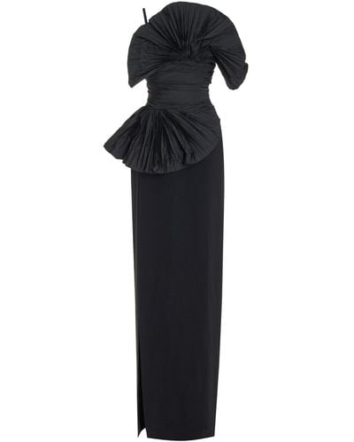 Elie Saab Crepe And Taffeta Column Gown With Pleated Applique Detail - Black