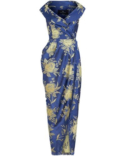 Etro Off-the-shoulder Floral-satin Midi Wrap Dress - Blue