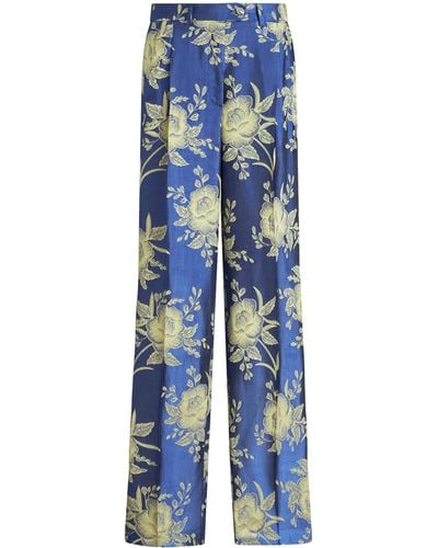 Etro Floral-satin Straight-leg Trousers - Blue