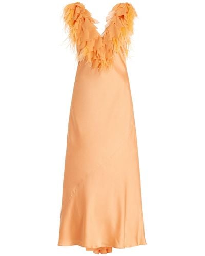 LoveShackFancy Manota Feather-trimmed Satin Gown - Orange