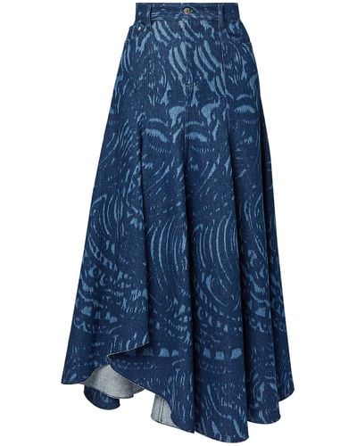 Erdem Printed Flare Denim Midi Skirt - Blue