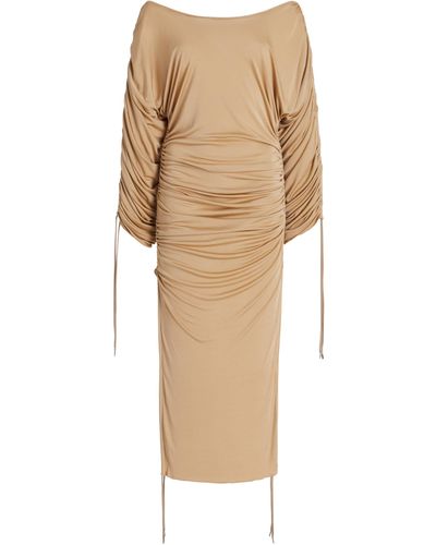 Atlein Exclusive Asymmetric Ruched Shiny Jersey Midi Dress - Natural