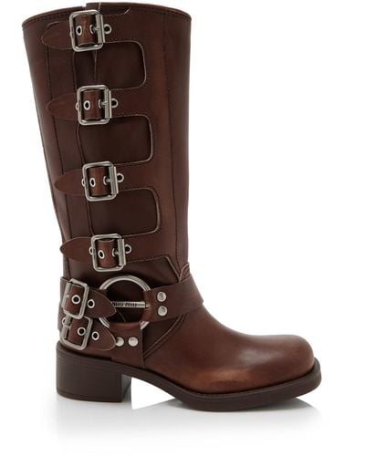 Miu Miu Stivali Buckle-detailed Leather Knee Boots - Brown