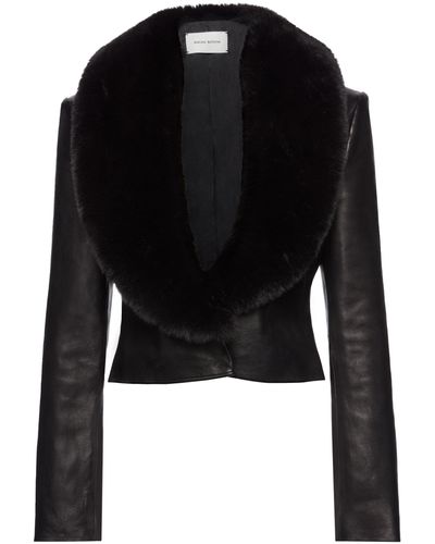 Magda Butrym Cropped Fur Collar Leather Jacket - Black