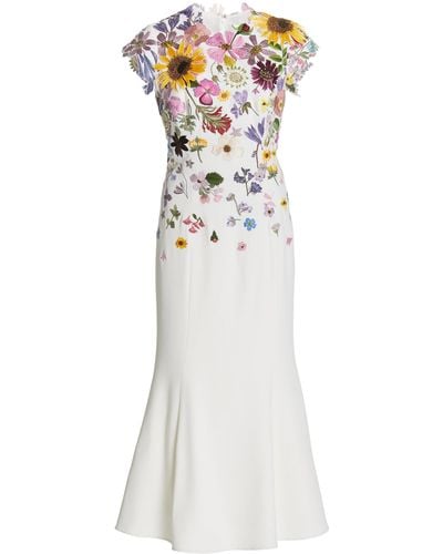 Oscar de la Renta Pressed Floral-embroidered Stretch Wool Crepe Trumpet Dress - Multicolor