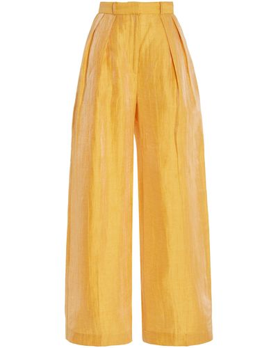 Matthew Bruch Pleated Linen-blend Wide-leg Trousers - Yellow