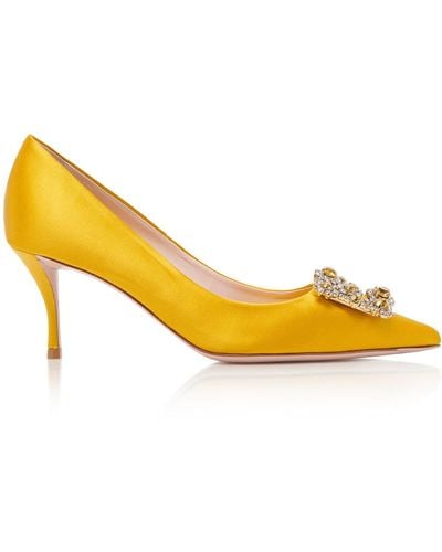 Roger Vivier Flower Embellished Satin Court Shoes - Yellow