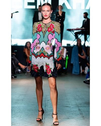 Naeem Khan Floral Glass Embroidered Tulle Mini Dress - Multicolor
