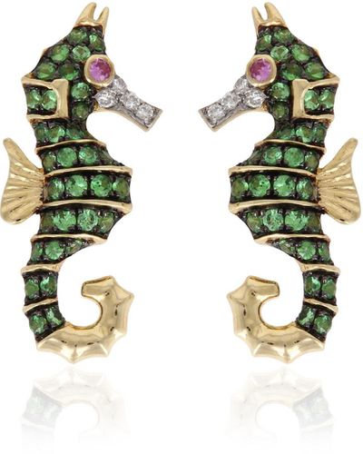 Yvonne Léon Seahorse 18k Gold Multi-stone Earrings - Green