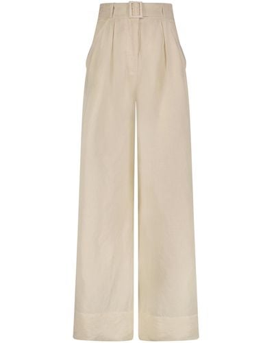 Matthew Bruch Belted High-waisted Linen-blend Wide-leg Trousers - Natural