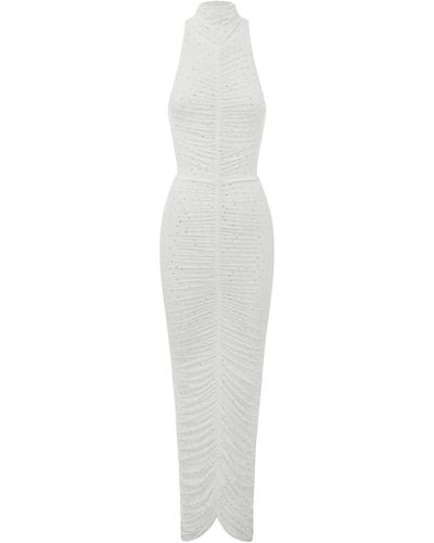 Alex Perry Turtleneck Ruched Crystal Jersey Column Dress - White