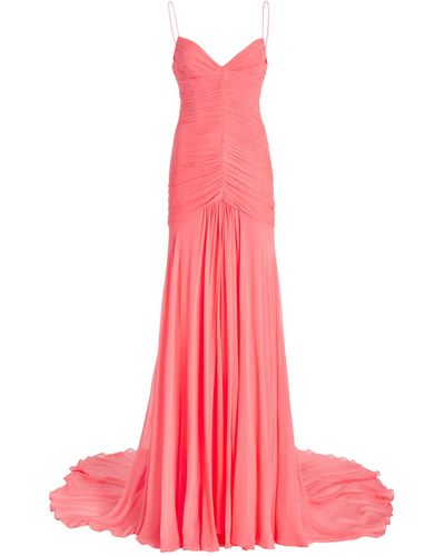 Monique Lhuillier Ruched Silk Maxi Dress - Pink