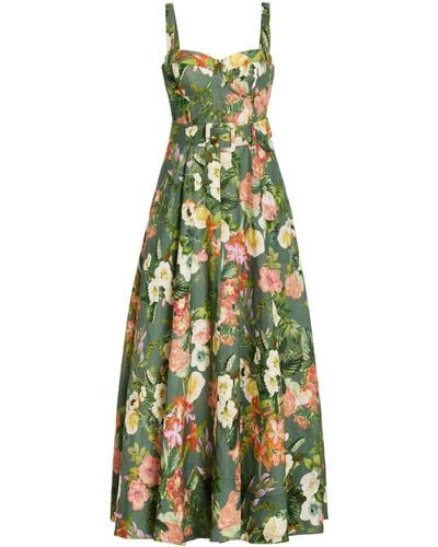 Cara Cara Calypso Belted Floral Linen Bustier Midi Dress - Green