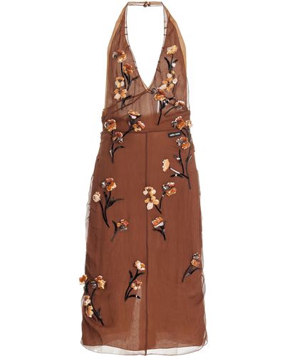 Miu Miu Embellished Chiffon Midi Dress - Brown