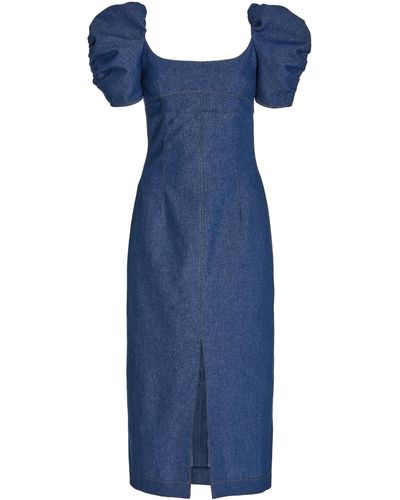 Carolina Herrera Puff Sleeved Stretch-cotton Chambray Midi Dress - Blue