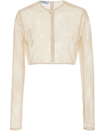 Prada Pearl-embroidered Mesh Cropped Top - White