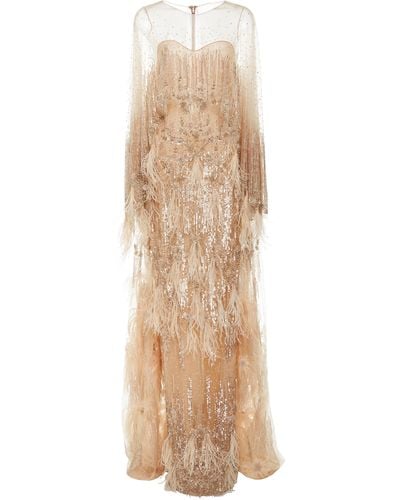 Pamella Roland Double Cape Tulle Gown With Sequin And Ostrich Feather Plumes - Metallic
