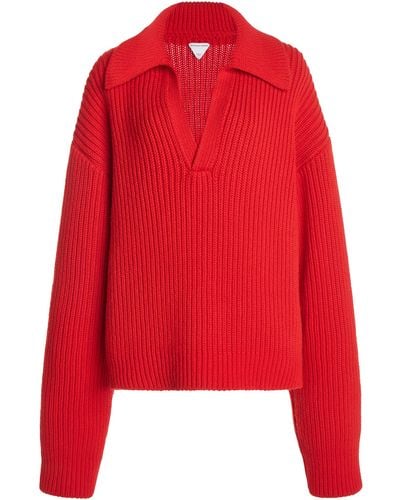 Bottega Veneta Ribbed-knit Wool Polo Jumper - Red