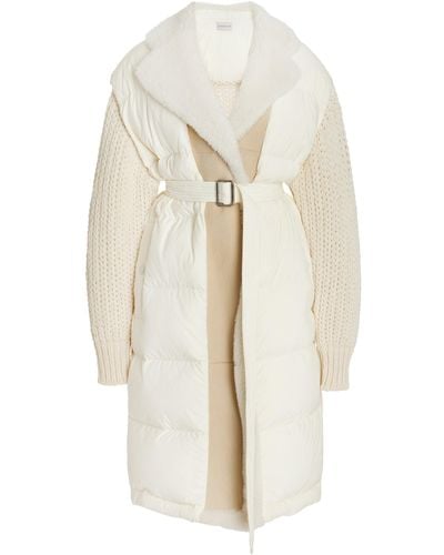 Moncler Shearling-trimmed Down-detailed Wool-blend Long Cardigan - White